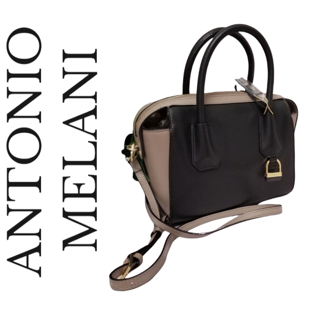 ANTONIO MELANI Black and Taupe Two-Tone Leather Satchel